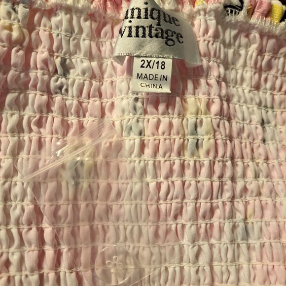 Unique Vintage Plus Size Smocked Cropped Strappy Tube Top Pink White 2X/18 NWT - Picture 4 of 9